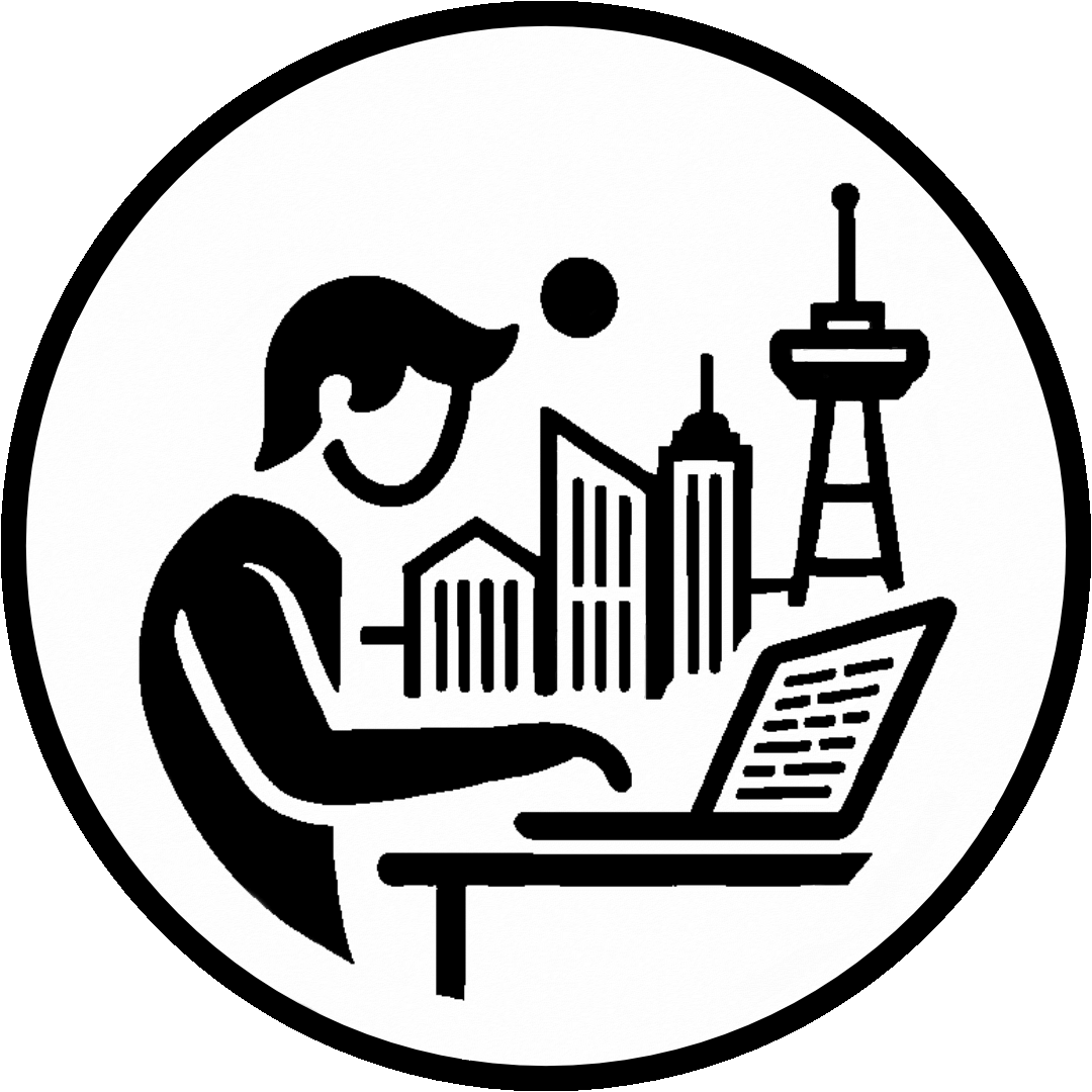 A logo showing a student creating a website on a laptop with a city's sights in the background